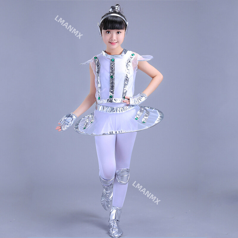 Kostum Robot anak-anak perak putih penampilan astronot ruang angkasa pertunjukan panggung pakaian Waktu pertunjukan uniseks pakaian dansa Anak laki-laki atau perempuan