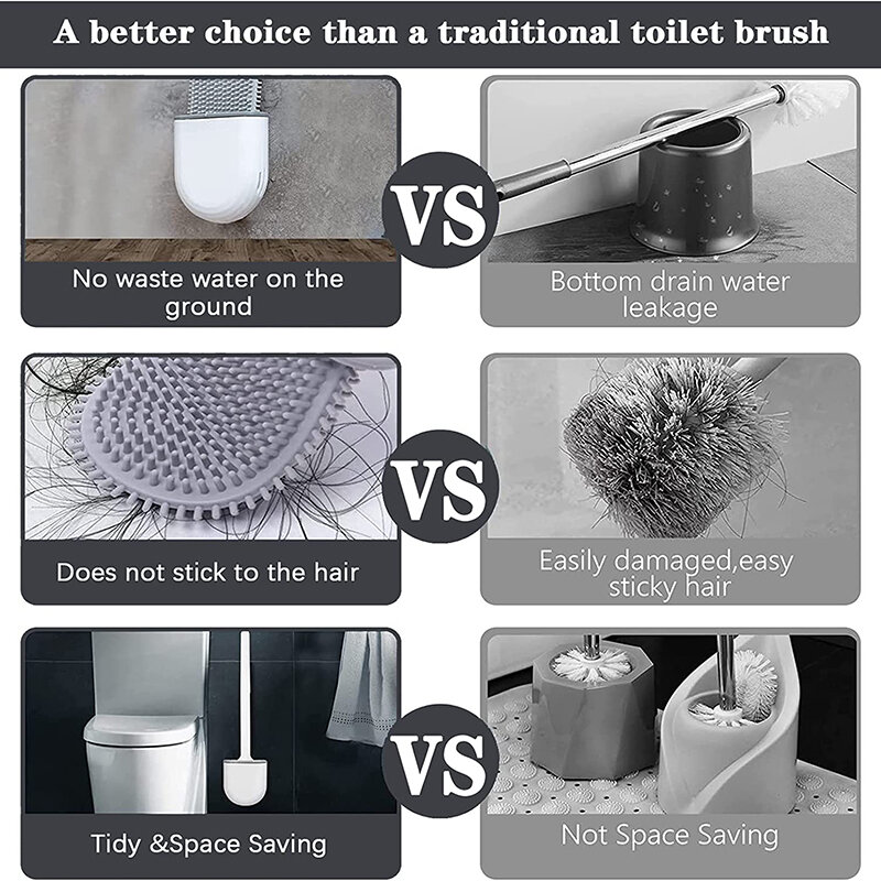 WIKHOSTAR-Wall Montado Toilet Brush Set, Silicone Cabeça De Escova Plana, Banheiro Cleaner, Limpeza
