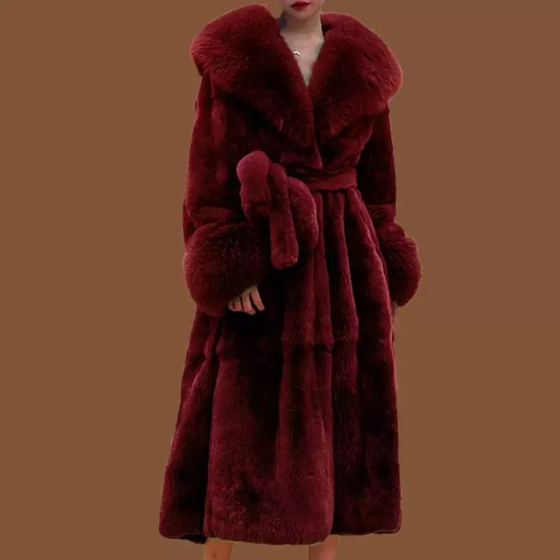 Casaco longo de pele de vison falso para mulheres, casacos grandes, jaqueta grossa quente, gola de pele, roupas luxuosas, inverno