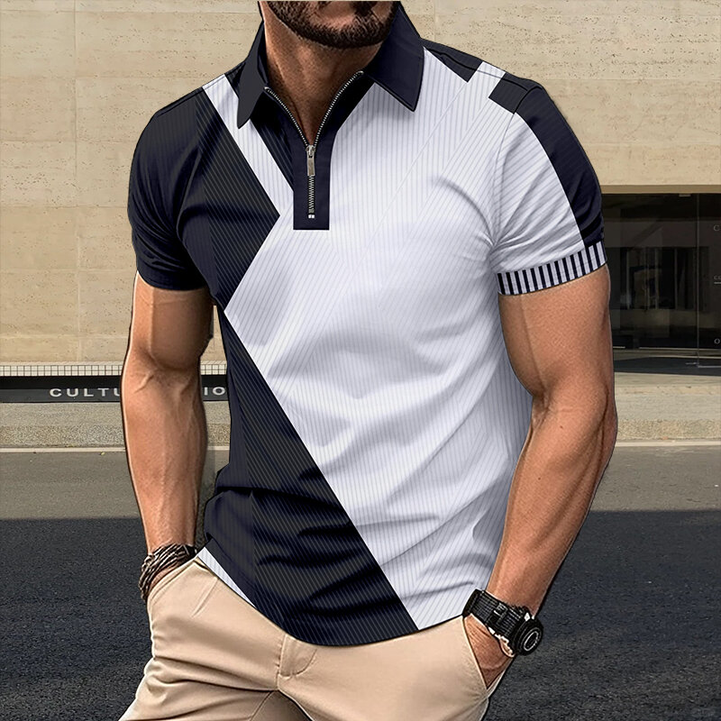 Polo con cremallera de color contrastante para hombre, camiseta informal de manga corta con solapa, top de verano, nueva moda