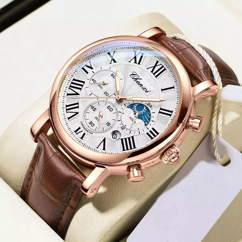 Luxe Zakelijke Mannen Horloges Multifunctionele Chronograph Top Merk Echt Leer Toevallige Retro Quartz Man 'S Horloge Gift