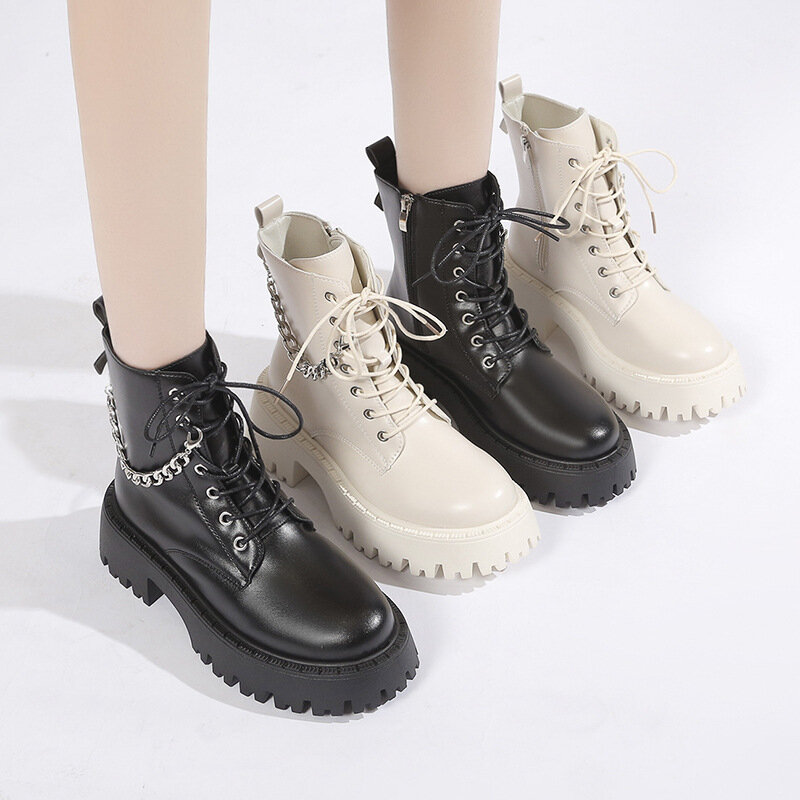 Женская обувь 2023 высококачественные женские ботинки с перекрестной шнуровкой модные повседневные ботинки с цепочкой женские ботильоны с боковой молнией