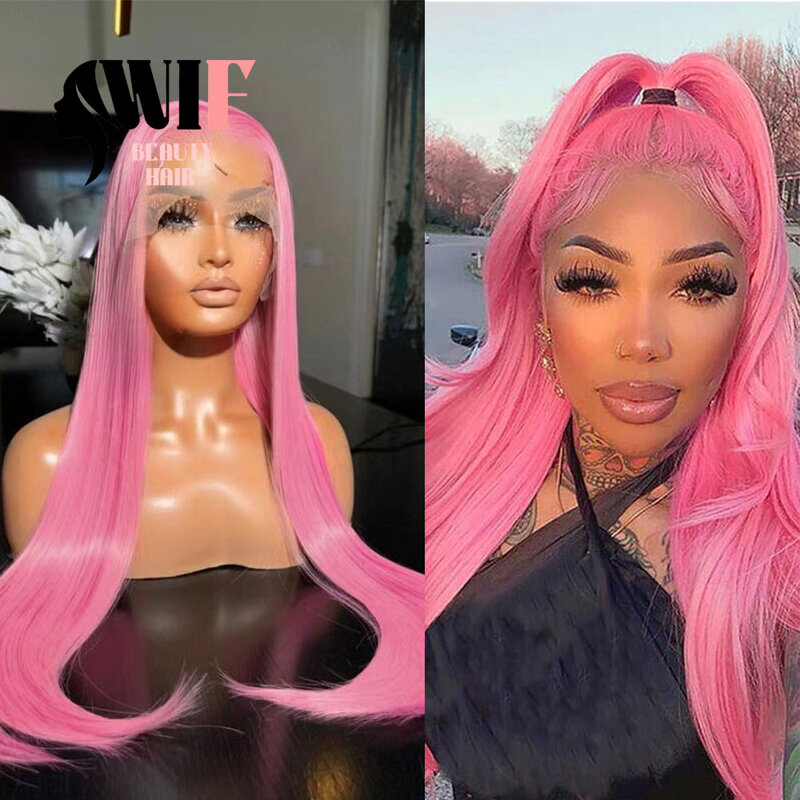 Wif lange gerade cosplay synthetische Perücke lange Seide gerade hitze beständige Faser Spitze Front Perücken für Frauen tragen rosa blonde Haare