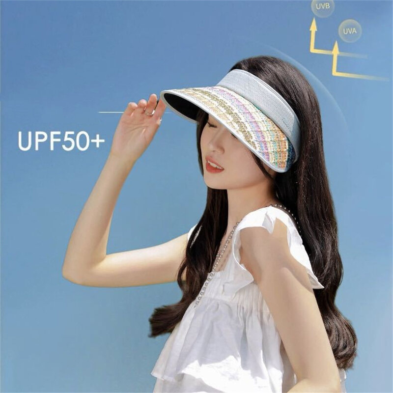 Topi matahari setrip pelangi musim panas, topi pelindung terik matahari luar ruangan Anti Uv kasual untuk wanita