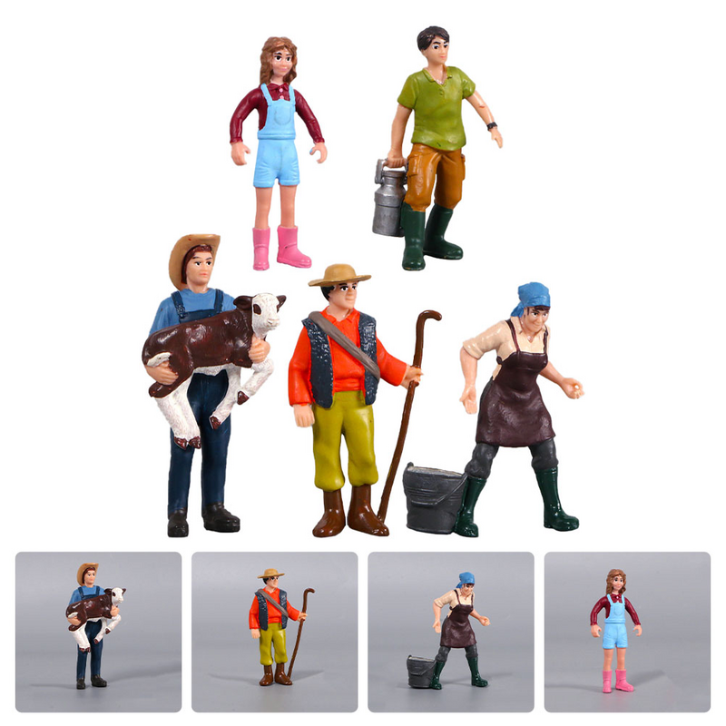 5 buah figur orang petani Model petani yang dilukis dengan tangan mainan orang Playset untuk anak-anak Toldders anak-anak
