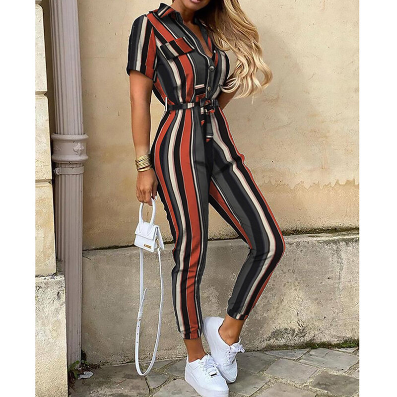 Lapel Catsuit with Belt Rompers Playsuits Sportswear Bodysuit Female Sexy Baggy Jumpsuit Overalls for Women Elegant Short Sleeve