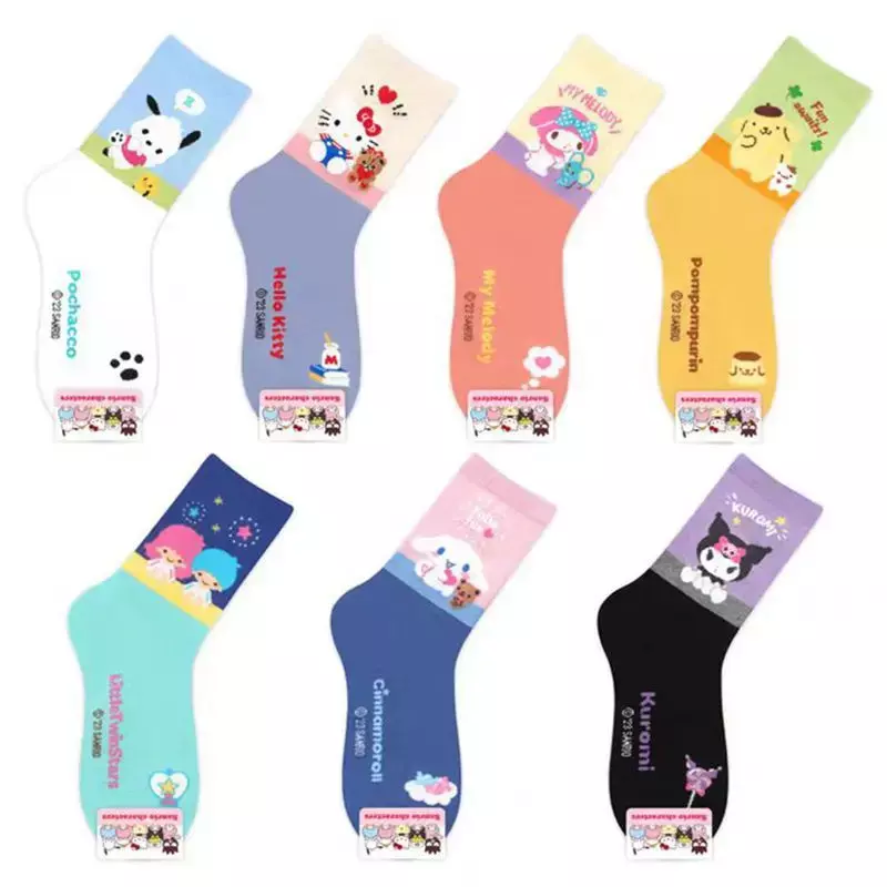 ถุงเท้าคาวาอิ SANRIO Kuromi ถุงเท้ากีฬาผ้าฝ้ายซินนาโมเรลสำหรับนักเรียน Y2K ตุ๊กตาของเล่นสำหรับเด็กผู้หญิง Hello Kitty
