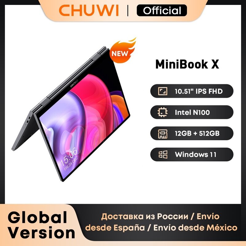 CHUWI-MiniBook X Tablet portátil, 2 em 1, Intel N100, N5100, 10.51 ", FHD, tela IPS, 12GB, LPDDR5, 512G SSD, Windows 11 Notebook, 1200x1920