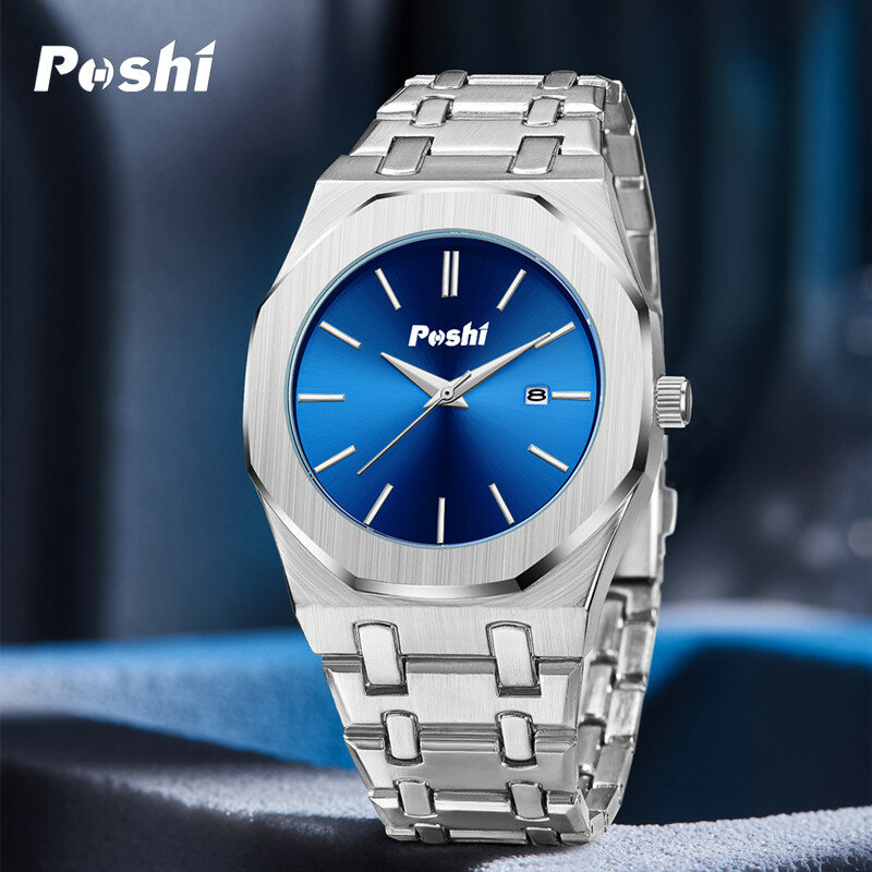 Poshi Quarzuhr für Herrenmode Luxus Business Wrsit watch einfaches Zifferblatt mit Datum Edelstahl armband Herren uhren