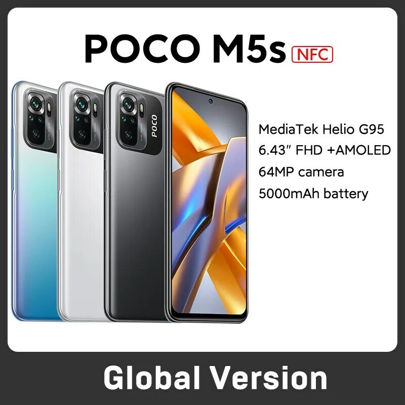 POCO M5s телефон, 64 ГБ/128 ГБ/256 ГБ, Восьмиядерный процессор MTK G95, телефон с AMOLED дисплеем, 5000 мАч, 33 Вт