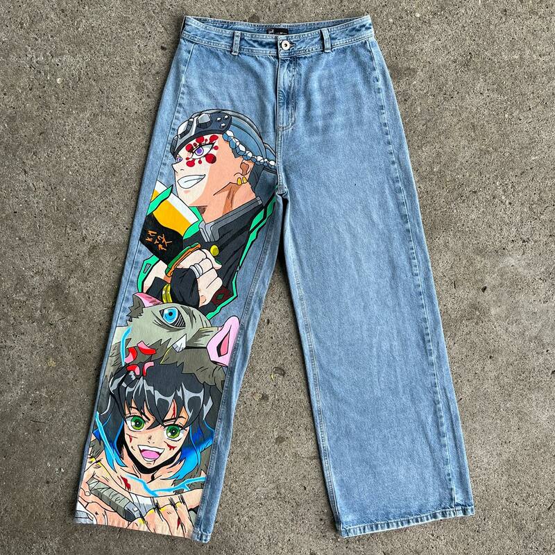 Denim papan luncur pria, celana jins kaki lebar grafis Anime Y2K, celana panjang lebar Harajuku pinggang tinggi Pasangan