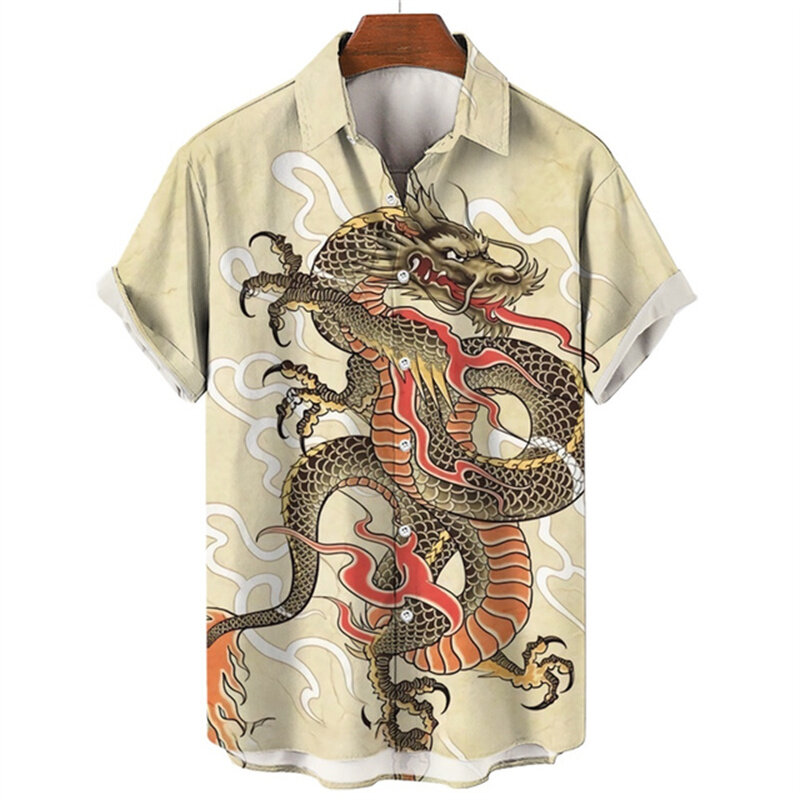 Camisas de manga corta con estampado de dragón y tigre en 3D para hombre, camisas veraniegas versátiles y holgadas, ropa informal de playa a la moda, 2024