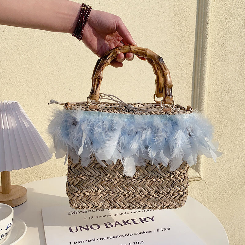 Соломенная плетеная Сумка с перьями страуса, стильная сумочка ручной работы из ротанга, портативная дорожная пляжная сумка