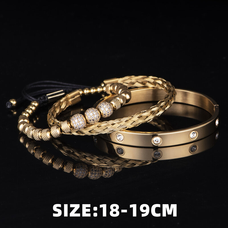 3Pcs Luxe Micro Pave Cz Ronde Kralen Royal Charm Mannen Armbanden Rvs Kristallen Armbanden Paar Handgemaakte Sieraden Gift