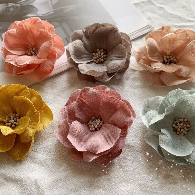 5PCS/Lot 6cm Camellia Patch Handmade Fabric Flower Stickers For Shoes Corsage Headgear Hair Wedding Accessories