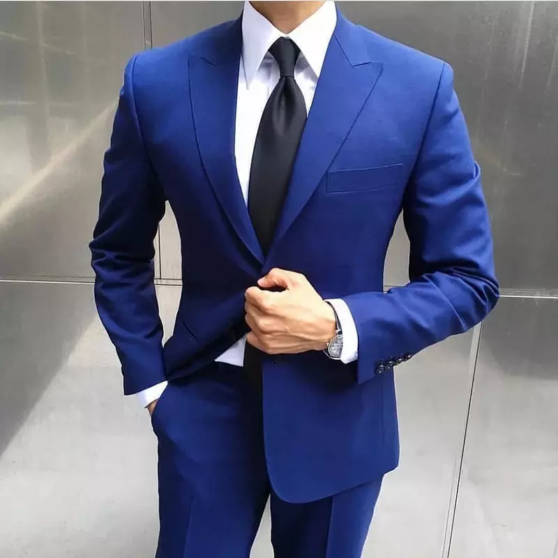 Royal Blue Mens Suits  Groom Costume Blazer Single Breasted Peaked Lapel Two Piece Elegant Regular Prom Jacket Pants Slim Fit
