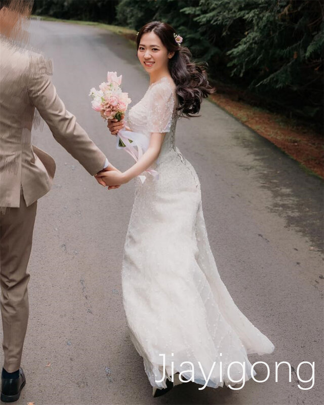 Jiayigong-Robe trapèze en dentelle de tulle pour fête de mariage, robe brodée en satin, longueur de brosse de balayage, mode chérie, robe personnalisée