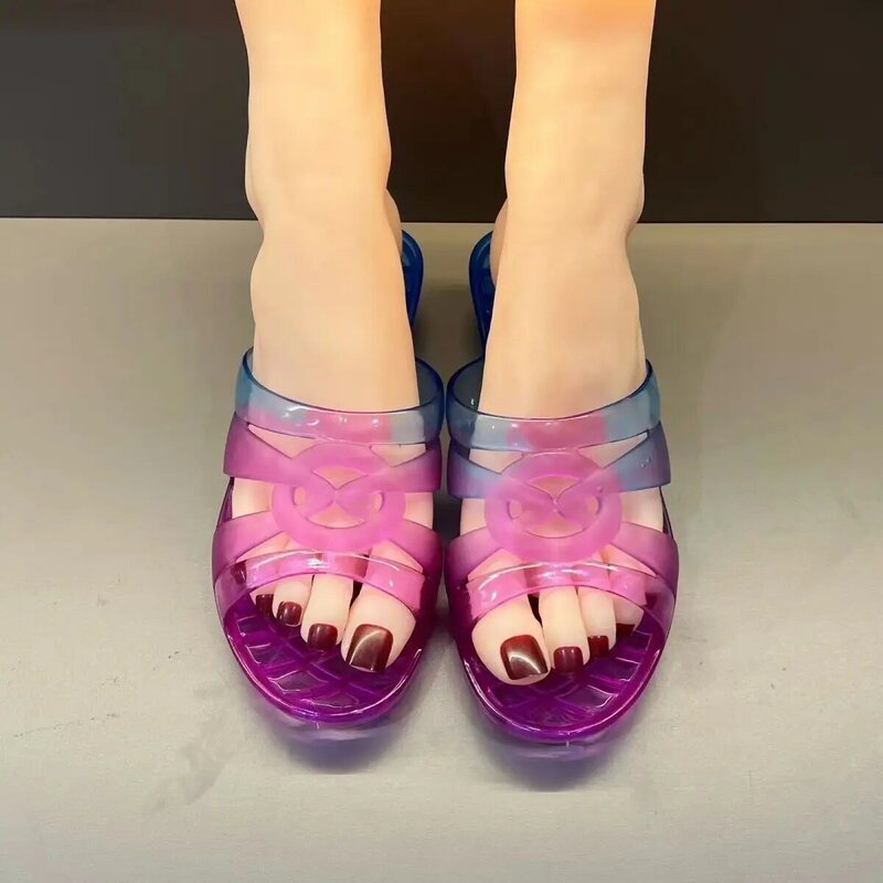 New Women's Summer One Word Wedges Slippers Free Shipping Soft Sole Non Slip Gradient Crystal Outdoor Slippers Home Slippers