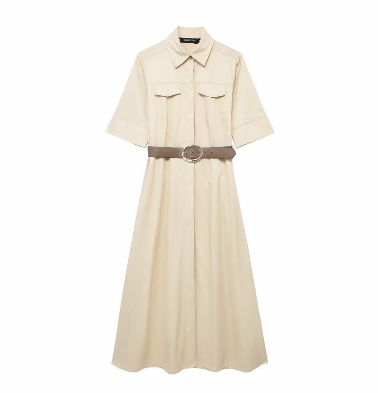 Женское платье-рубашка средней длины, Повседневное платье на пуговицах с коротким рукавом, украшенное поясом и клапаном, в стиле ретро