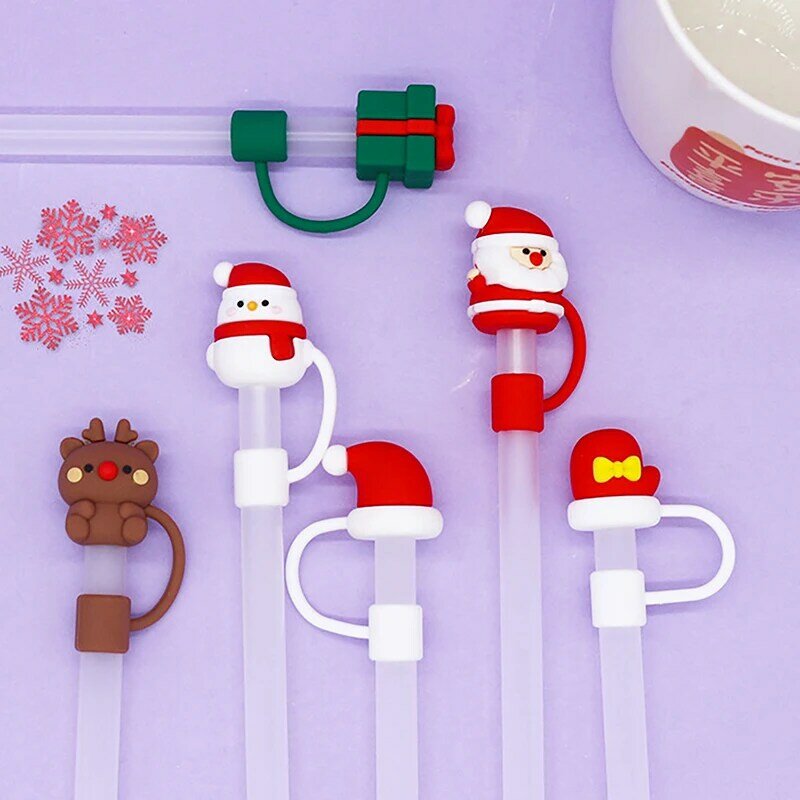 Christmas Straw Cover Silicone Tips Drinking Dust Cap Santa Snowman Yeti Straw Stopper Reusable Christmas Party Straw Decoration