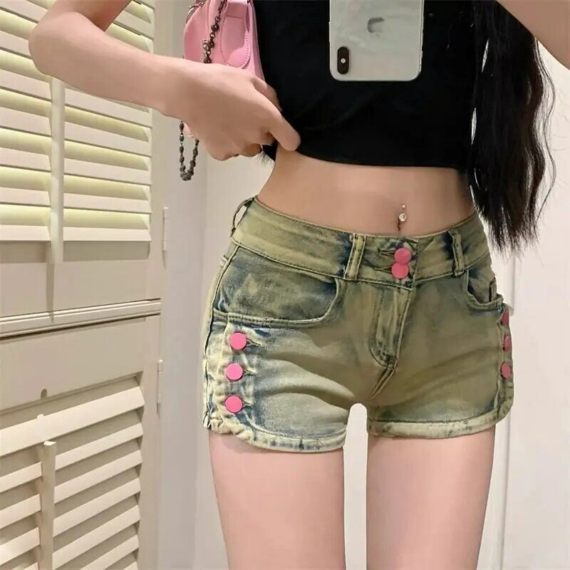 Mini Jeans Shorts Button Design Women'S Blue Aesthetic Vintage  2024 Summer Y2k Denim Shorts Harajuku Korean Cowboy Short Pants