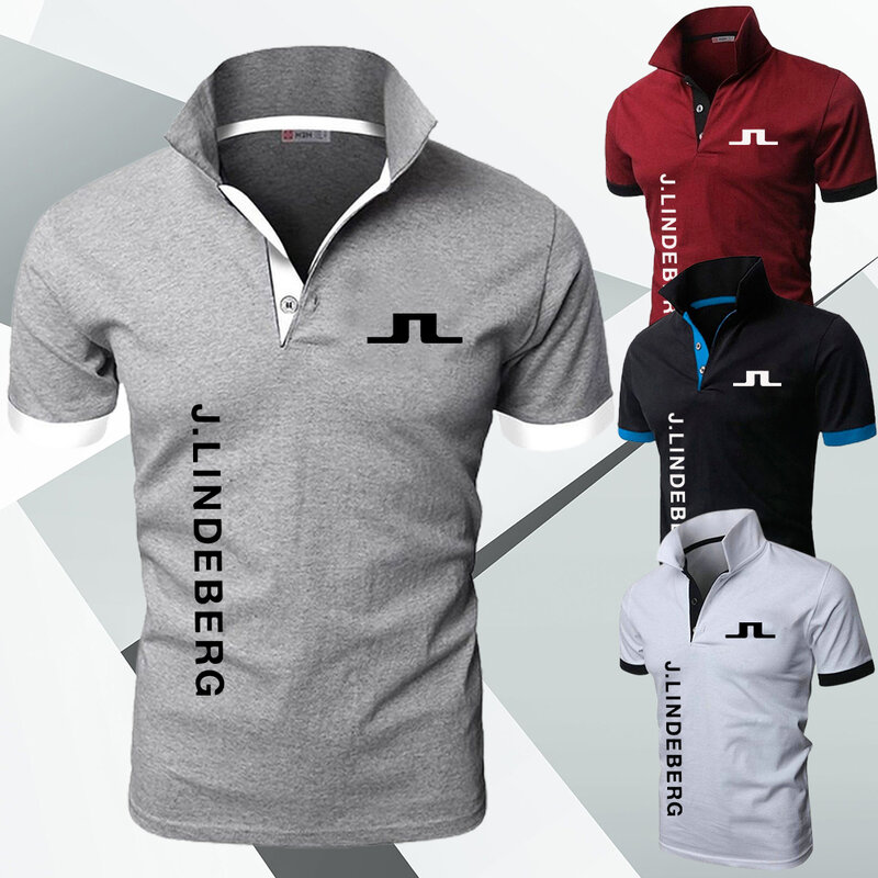 Kaus Polo Golf pria, pakaian bisnis pria, kaus Polo leher rajut, kaus lengan pendek nyaman J Lindeberg