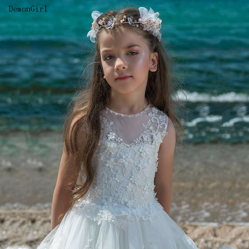 Vestido de encaje blanco elegante para niñas, vestidos de flores con tren para niños, graduación, línea A larga, primera comunión