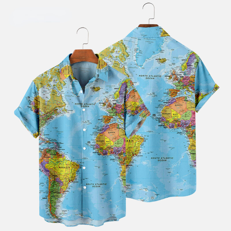 Camisa havaiana estampada com mapas masculina e feminina, camisa casual de lapela vocacional, blusa de praia verão, 3D