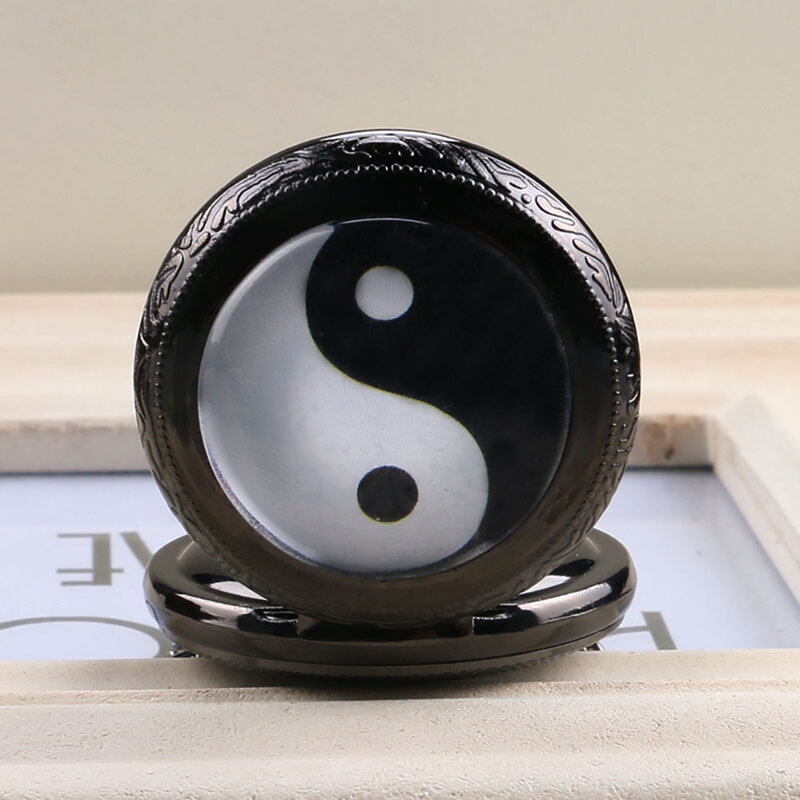 Preto e branco tai chi botão de pressão relógio de bolso de quartzo yin yang jóias steampunk tamanho médio colar corrente collectibles presentes