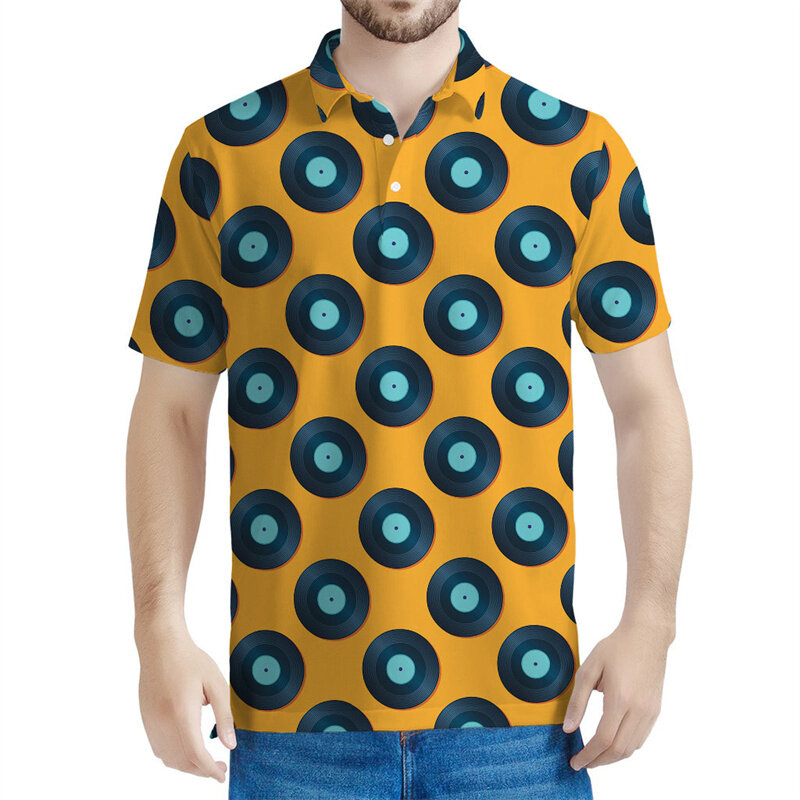 Polo graphique à bande rétro pour hommes, t-shirt imprimé en 3D, disques de musique, t-shirts respirés d'été, bouton décontracté, manches courtes