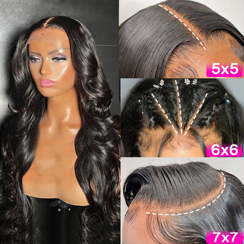 Wow Angel-Peluca de cabello humano sin pegamento para mujer, postizo de encaje HD 250% Real, 7x7/6X6/5x5, ondulado, prearrancado