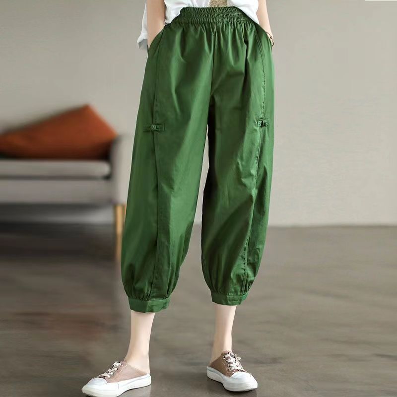 กางเกงทรงฮาเร็มผู้หญิงกางเกงแฟชั่นสามส่วนผ้าฝ้ายเอวสูงมีกระเป๋าสีทึบเอวสูงยืดหยุ่นบางสำหรับฤดูร้อน