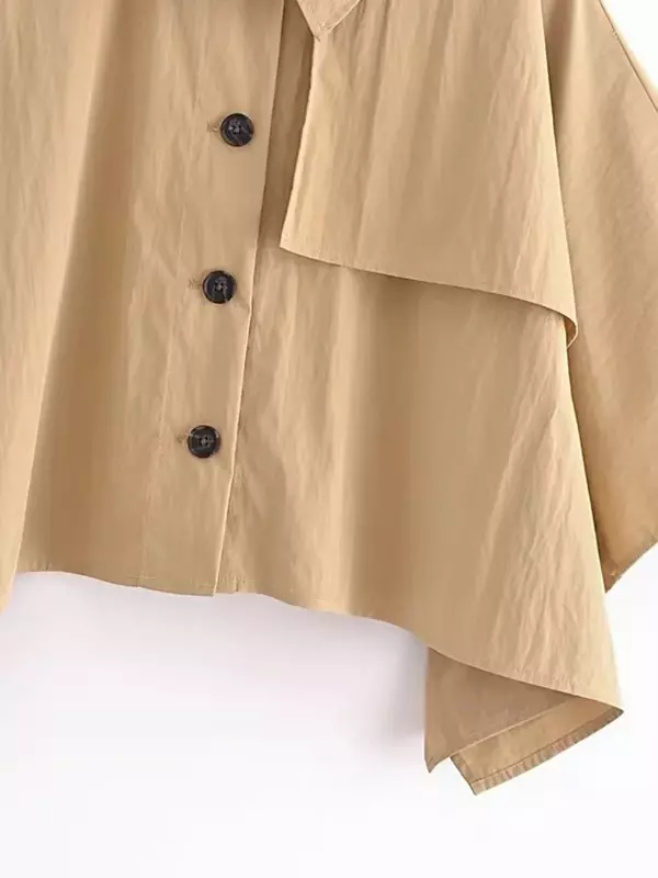 여성용 짧은 포인트 넥 트렌치 망토, 단색 얇은 셔츠 탑, 2024