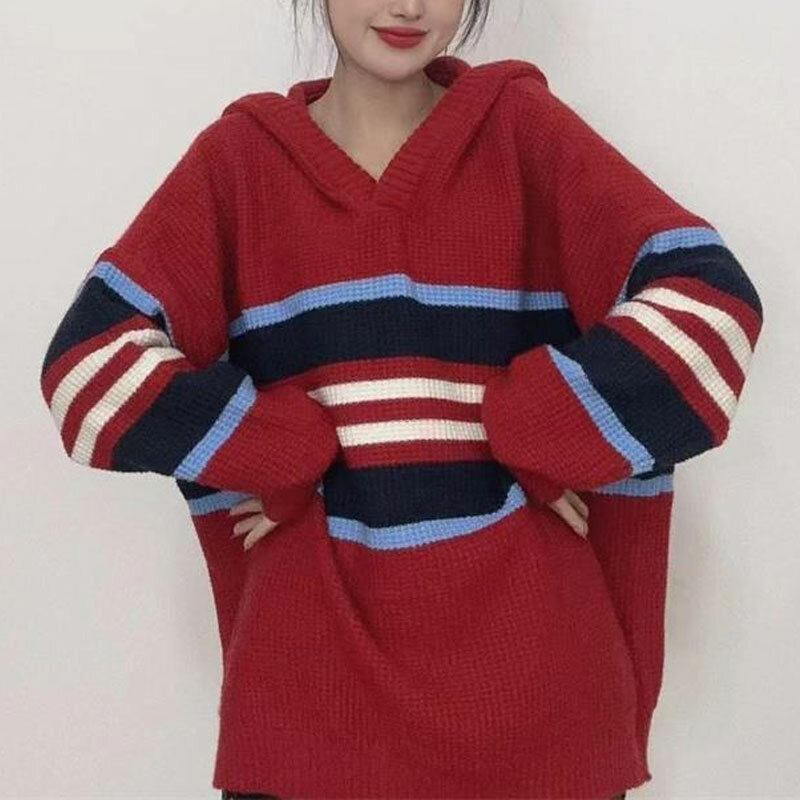 女性のストライプのフード付きセーター,ルーズなニットロンパース,耐久性のある色,韓国のファッション,秋冬