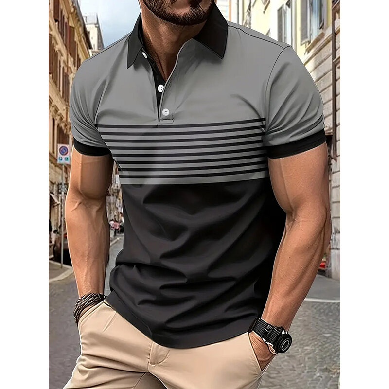 Men's fashion short -sleeved striped stamps Poloshan casual lapel POLO shirt