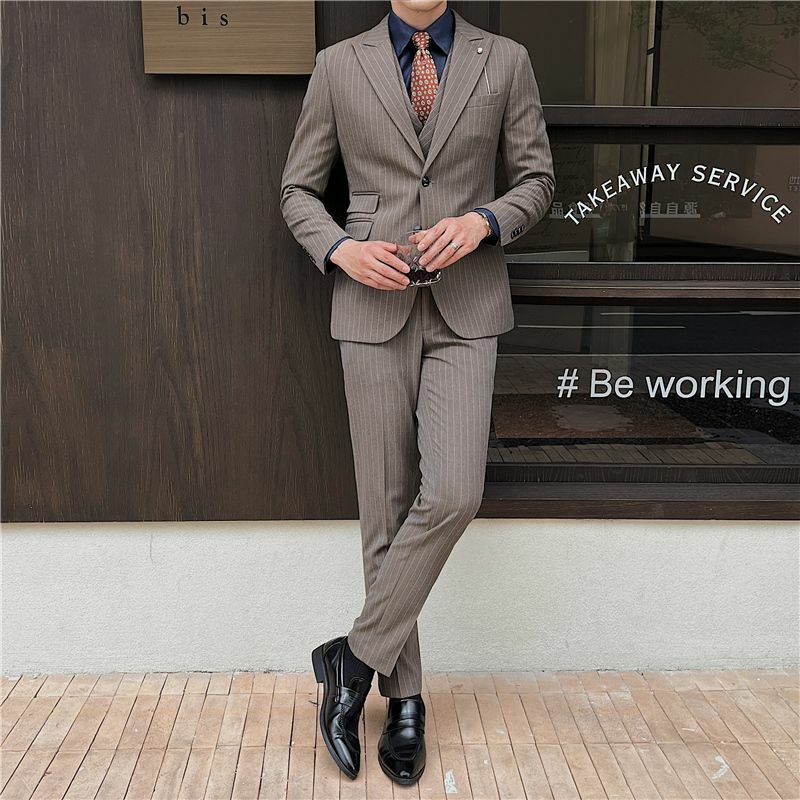 2-E1 Striped suit suit men's Korean version slim wedding dress two-button suit bussual three-piece set with lapel collar