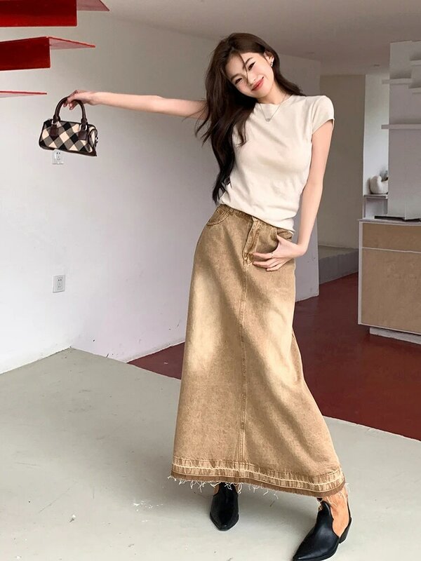 Odzież damska 2024 wiosna/lato nowe wzornictwo w stylu Vintage kurkuma jeansowa spódniczka Harajuku-line długie spódnice Faldas Mujer Moda