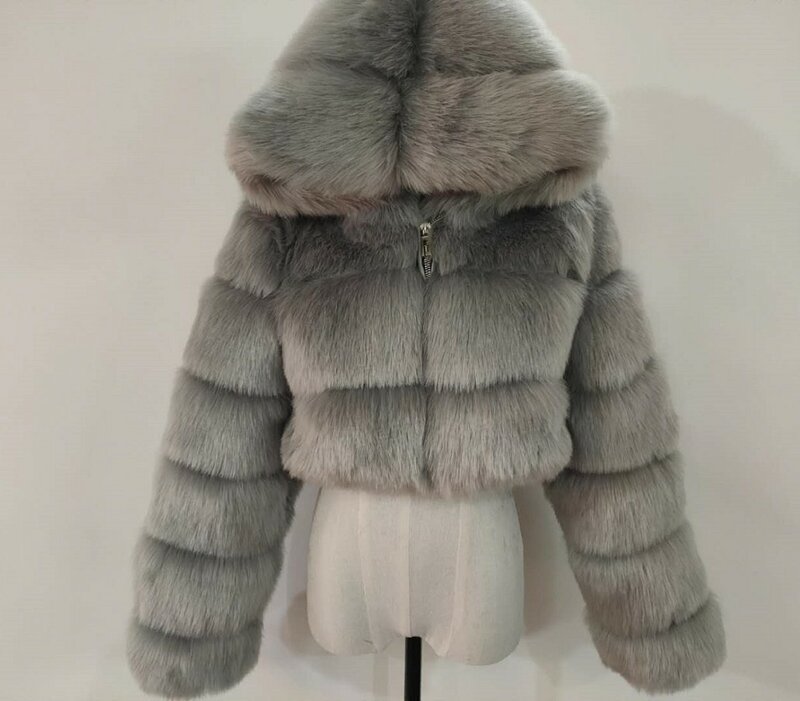 Высококачественные пушистые укороченные пальто и куртки из искусственного меха, женское пушистое пальто с капюшоном, зимняя меховая куртка, манто для женщин