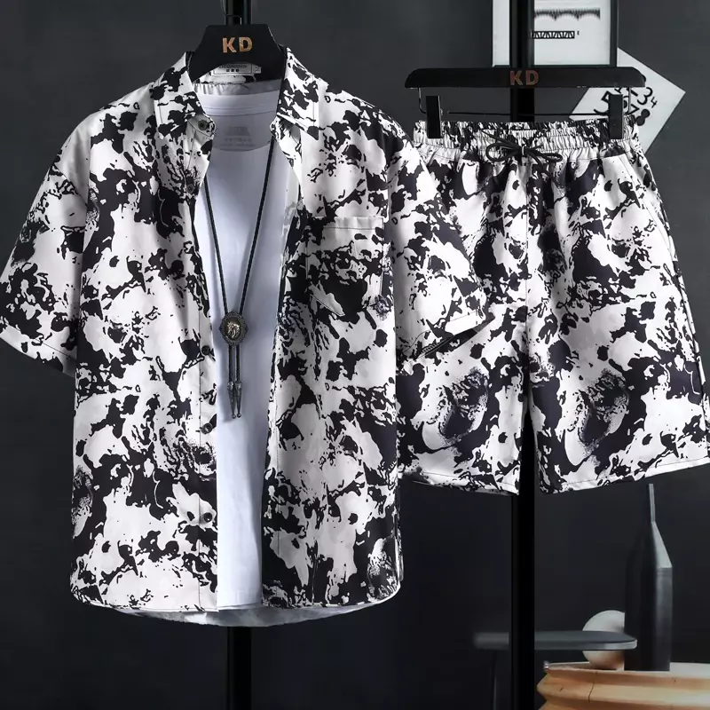 [M-3XL] Новые мужские комплекты рубашек с принтом, высококачественные модные трендовые шорты, повседневные топы с цветочным принтом в гавайском стиле, для мужчин и женщин