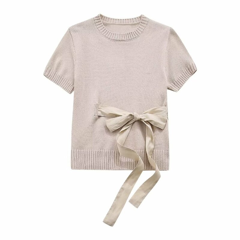 Women's new fashion lace up bow decoration short stretch slim knit sweater retro short sleeved women's pullover chic top