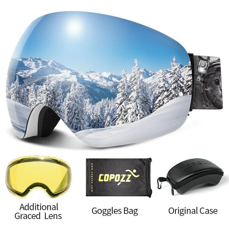 Kacamata Ski tanpa bingkai Pria Wanita, Set kotak lensa malam Anti kabut, perlindungan UV400 100%, papan salju, tali Anti selip
