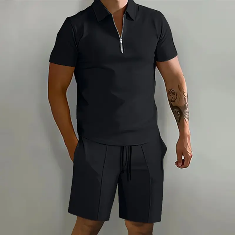 ชุดเสื้อผ้า2ชิ้นสำหรับผู้ชายชุดสปอร์ตบราเสื้อโปโล + กางเกงขาสั้นสำหรับฤดูร้อนแขนสั้นชุดเล่นกีฬาสีพื้นลำลอง