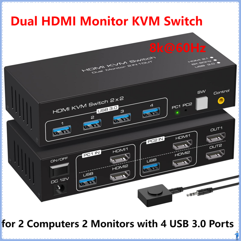 KVM-переключатель 8K HDMI 2 монитора 2 компьютера Поддержка 8K @ 60 Гц 4K @ 120 Гц KVM-переключатель ПК Дисплей совместное использование 2 монитора и 4 USB 3.0 порта