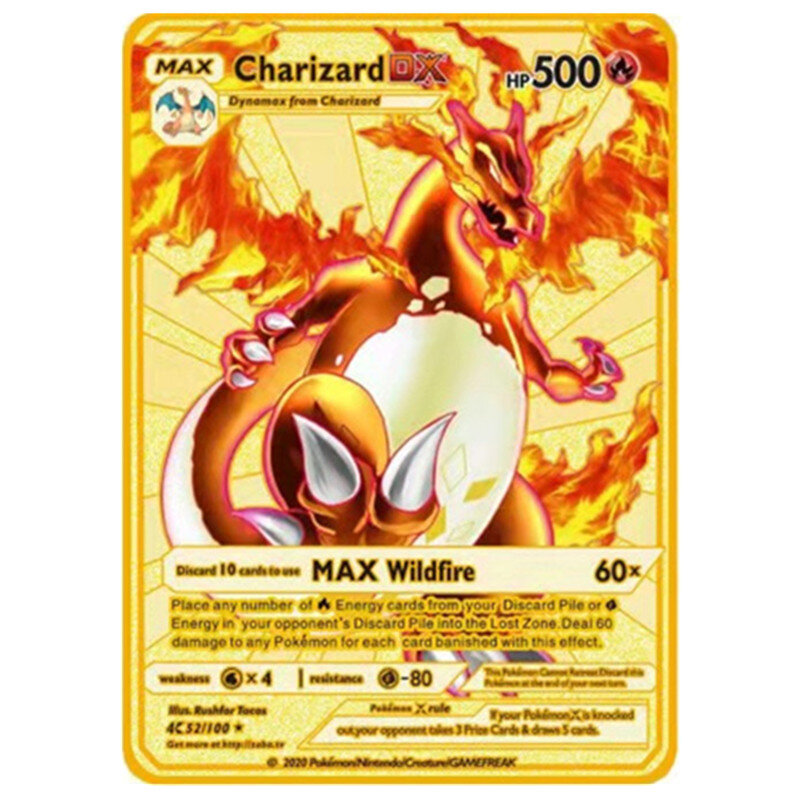Kartu logam Inggris Pokemon Anime Pikachu Charizard megtwo Blastoise Vmax kartu koleksi permainan huruf berkilau hadiah mainan anak-anak