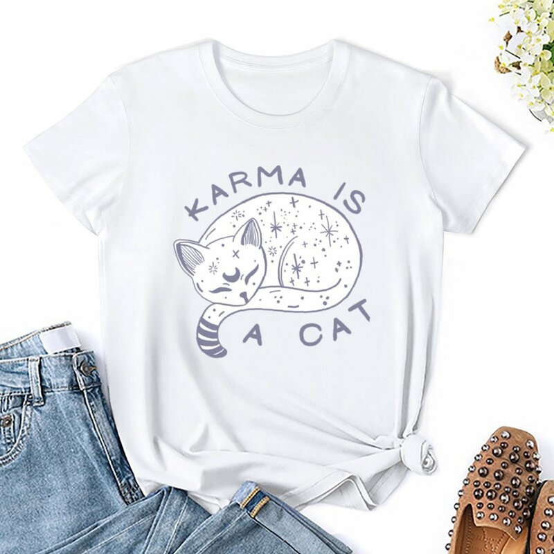 Karma is a Cat เสื้อยืดสีขาวสำหรับผู้หญิงเสื้อผ้าที่สวยงามเสื้อผ้าฮิปปี้ฤดูร้อน