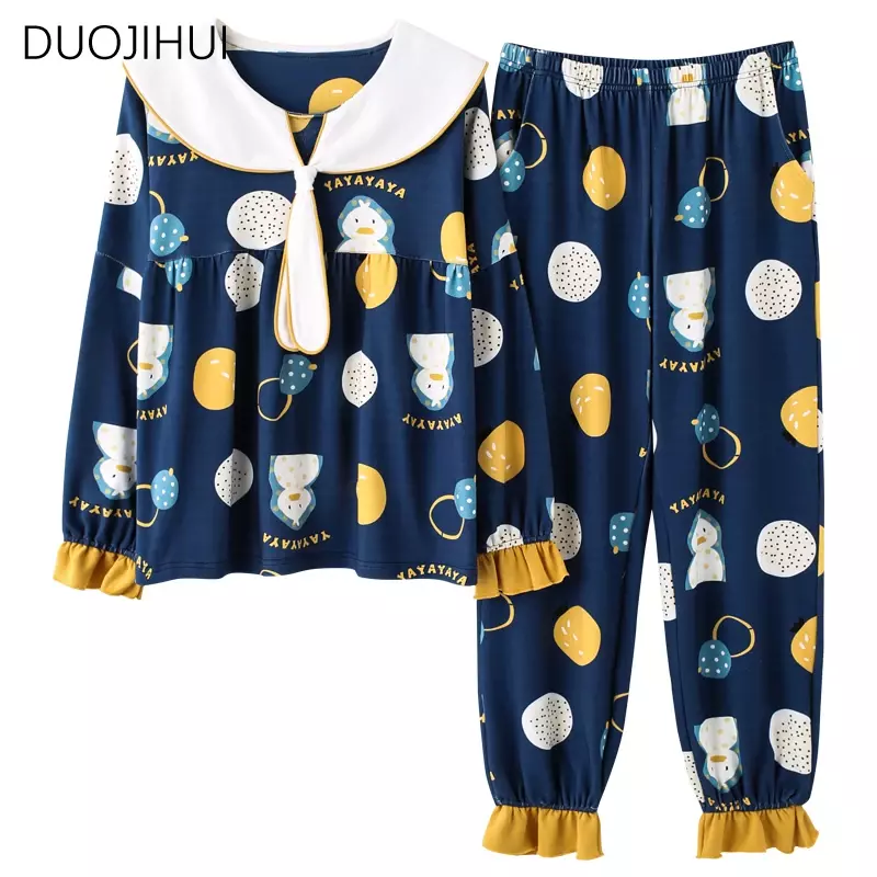 DUOJIHUI Sweet Print Two Piece Simple Female Sleepwear Autumn Chic Long Sleeve Pullover Loose Pant Casual Home Pajamas for Women