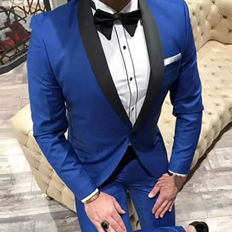 Królewski niebieski smoking dla pana młodego na wesele drużbowie czarny szal klapa Slim Fit formalny biznesowy garnitur męski moda kurtka obiadowa