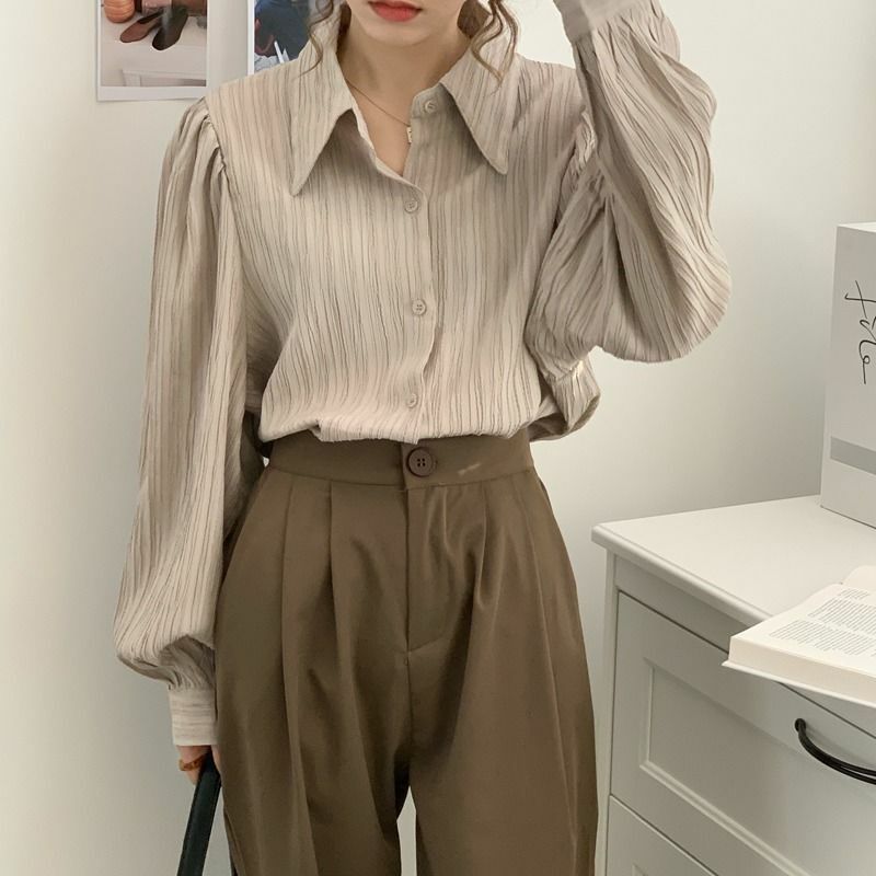 QWEEK Elegnat Vintage Long Sleeve Shirt Woman Korean Office Ladies Blouses Female Casual Basic Old Money Style Aesthetic Spring