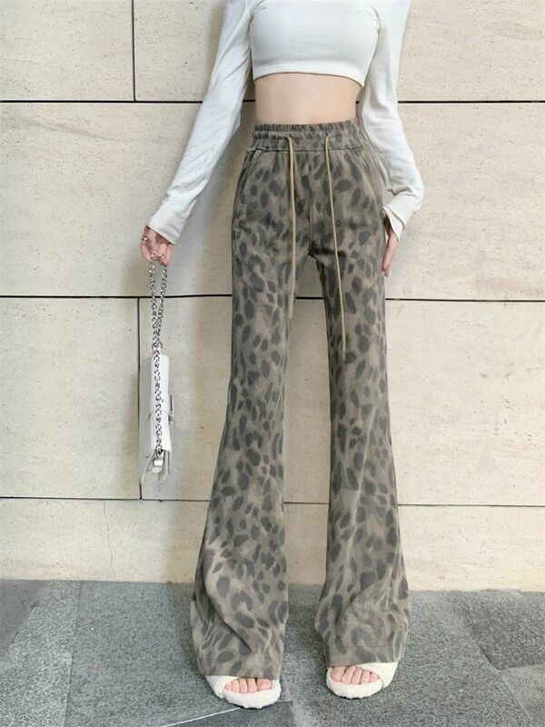 Pantalon évasé taille haute léopard pour femmes, longueur au sol, jambes larges décontractées, mode fjKorean, fille chaude, printemps, automne