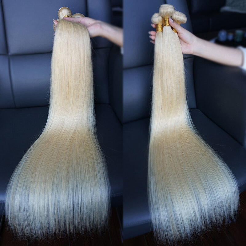 #613 pirang Remy rambut manusia bundel ekstensi 10-30 inci 95(± 5)g/pc Platinum rambut lurus halus Bobbi tenun